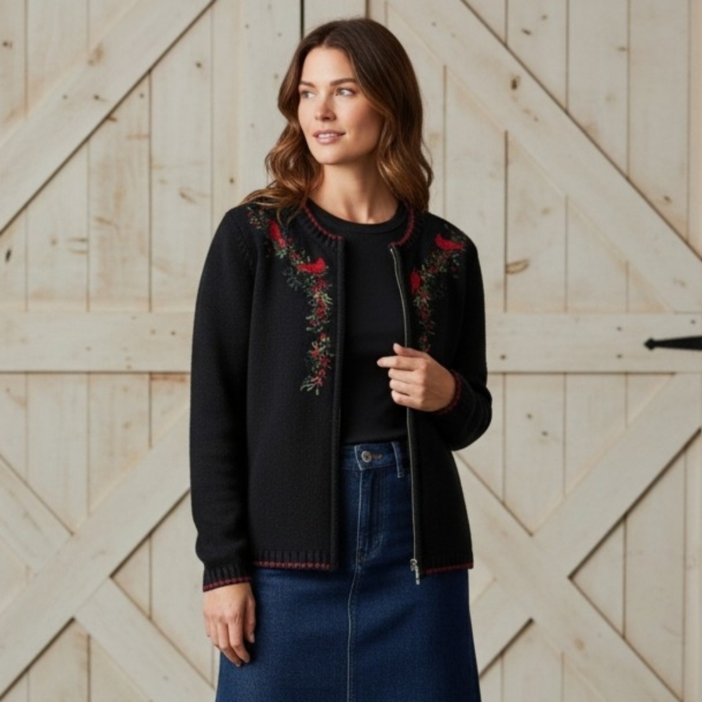 Vintage Black Zip Cardigan with Red Embroidered Cardinals